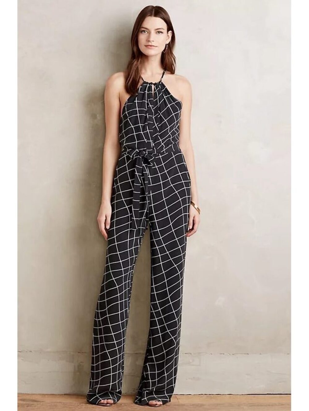 NWT Anthropologie Sanctuary Black and White Windowpane Halter Jumpsuit Size S